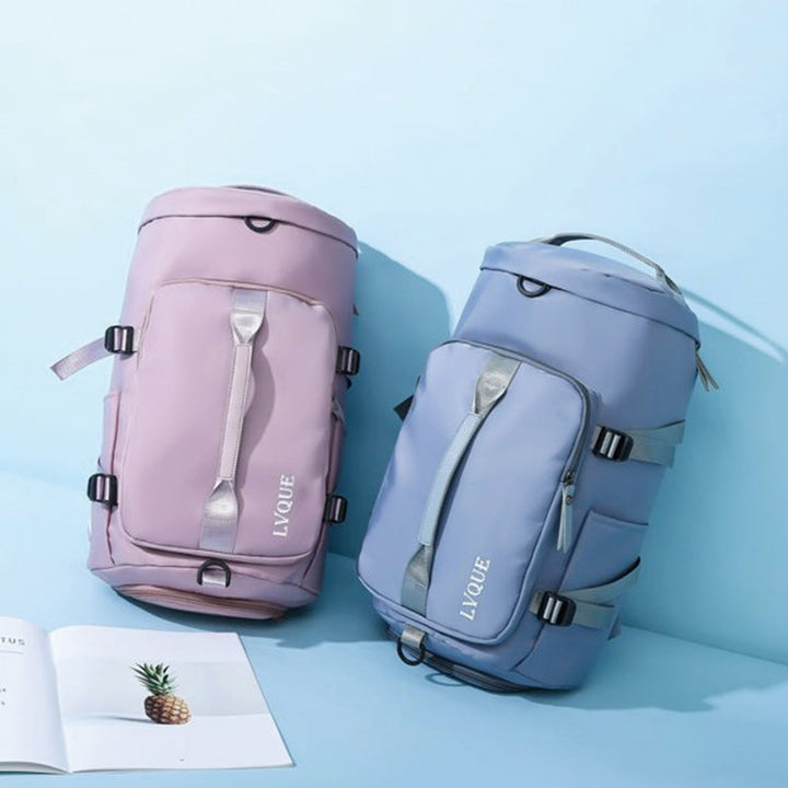 "Vattentät unisex ryggsäck/duffelväska, multifunktionell design, visad i olika färger: blå, mint, violett, rosa."