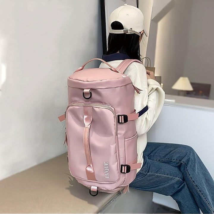 "Vattentät unisex ryggsäck/duffelväska, multifunktionell design, visad i olika färger: blå, mint, violett, rosa."