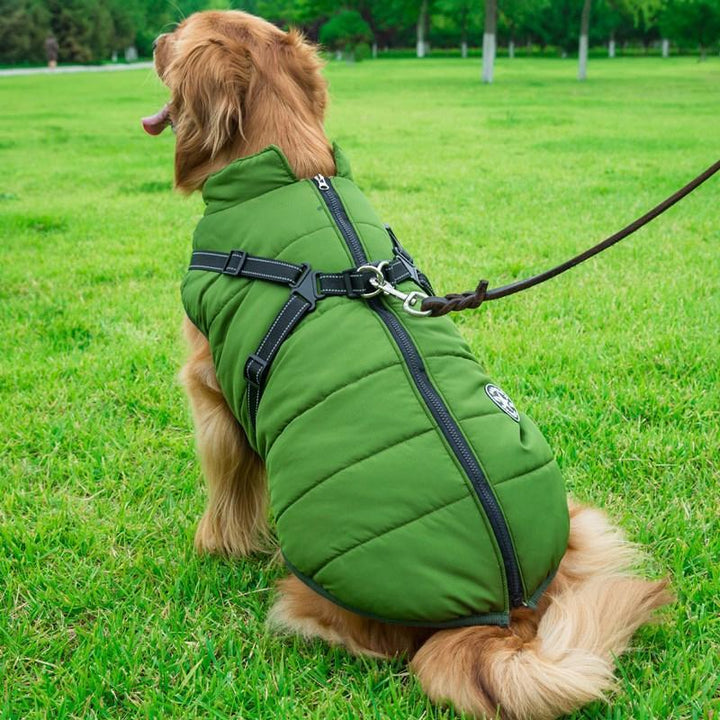 Vattentät vinterrock med dragkedja för hund, fleecefoder, reflekterande detaljer, finns i rött, blått, grönt, lila, svart.
