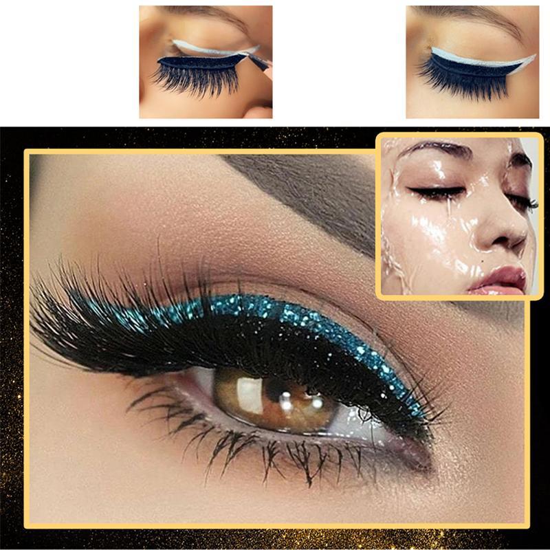 "Vattentäta, återanvändbara eyeliner- och ögonfransdekaler i olika färger, elegant design för kreativ makeup."