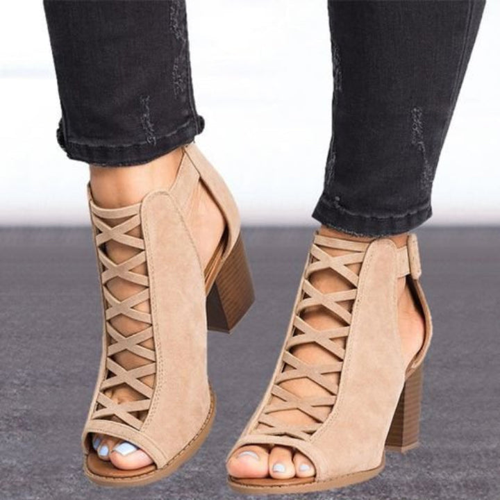 "Vattentäta dam peep-toe chunky heel sandaler med dragkedja, romersk design, svart och beige, stilrena och bekväma."
