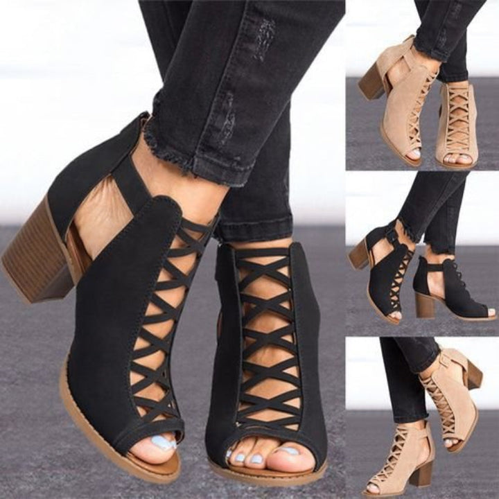 "Vattentäta dam peep-toe chunky heel sandaler med dragkedja, romersk design, svart och beige, stilrena och bekväma."