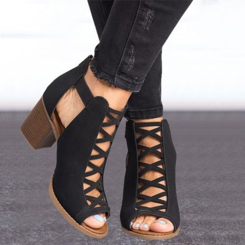"Vattentäta dam peep-toe chunky heel sandaler med dragkedja, romersk design, svart och beige, stilrena och bekväma."