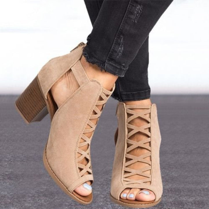 "Vattentäta dam peep-toe chunky heel sandaler med dragkedja, romersk design, svart och beige, stilrena och bekväma."