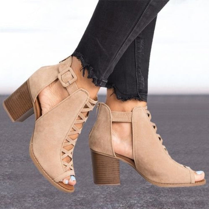 "Vattentäta dam peep-toe chunky heel sandaler med dragkedja, romersk design, svart och beige, stilrena och bekväma."