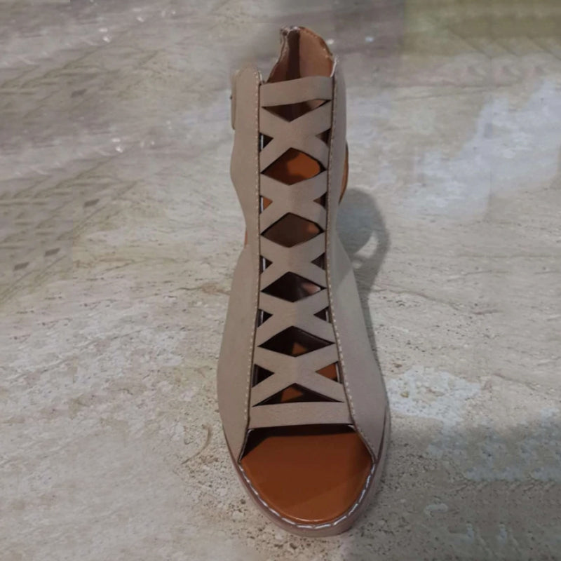 "Vattentäta dam peep-toe chunky heel sandaler med dragkedja, romersk design, svart och beige, stilrena och bekväma."