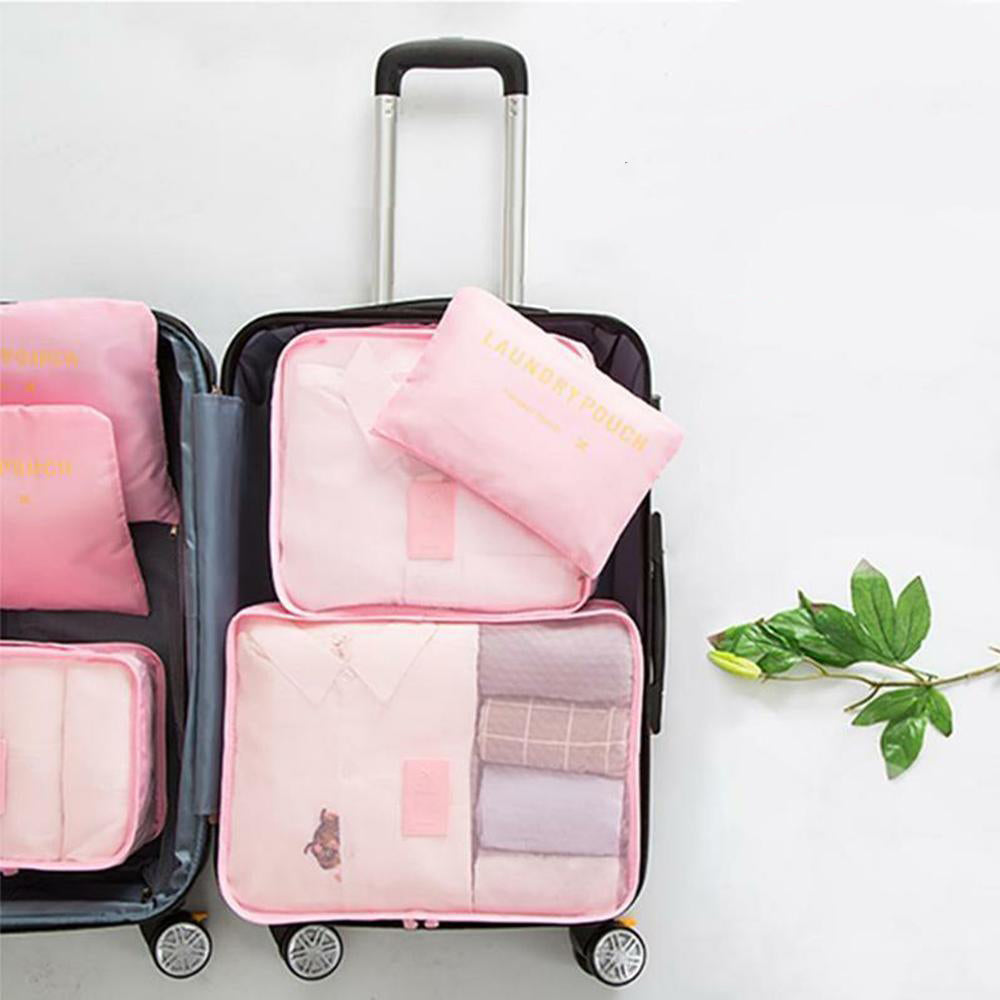 "Vattentätt resekitt för dam, 6 delar i oxfordduk, olika storlekar, grå nyanser, perfekt för ordnad packning."