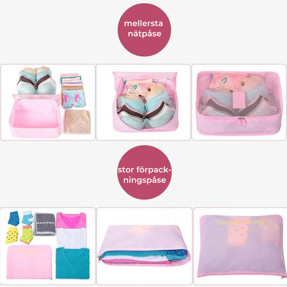 "Vattentätt resekitt för dam, 6 delar i oxfordduk, olika storlekar, grå nyanser, perfekt för ordnad packning."