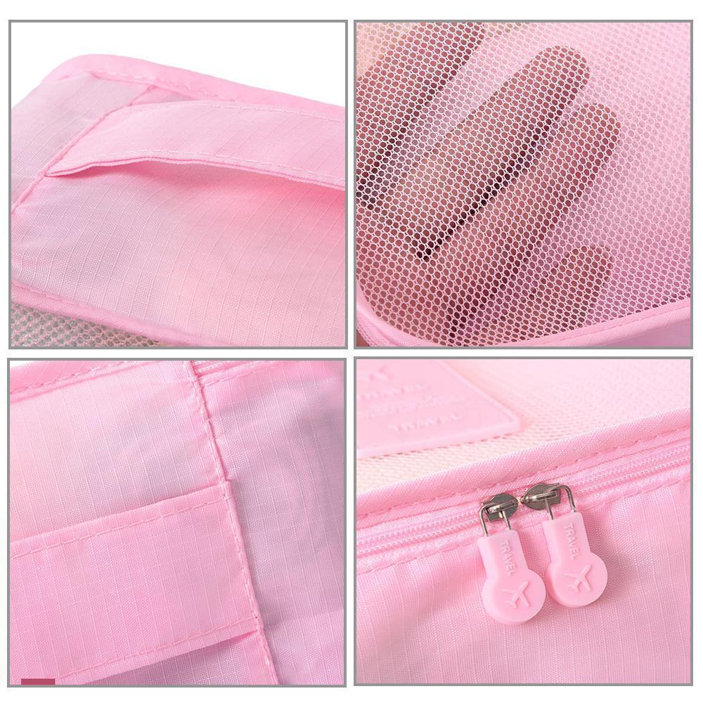 "Vattentätt resekitt för dam, 6 delar i oxfordduk, olika storlekar, grå nyanser, perfekt för ordnad packning."