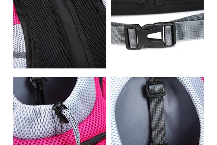 "Ventilerande ryggsäck för hund i blått med justerbara bärbälten, säkerhetsrem, sidofickor och flera färgalternativ."