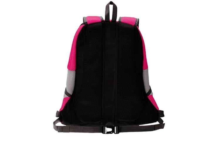 "Ventilerande ryggsäck för hund i blått med justerbara bärbälten, säkerhetsrem, sidofickor och flera färgalternativ."