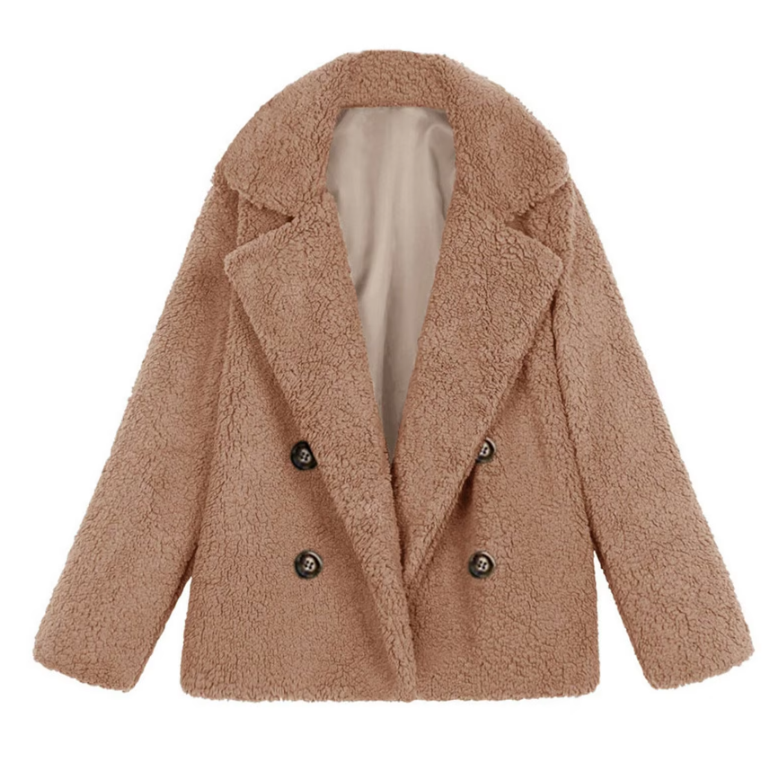 "Överdimensionerad fluffig fleecejacka dam i teddystil, beige med mjukt material och avkopplande passform för vinterbruk."