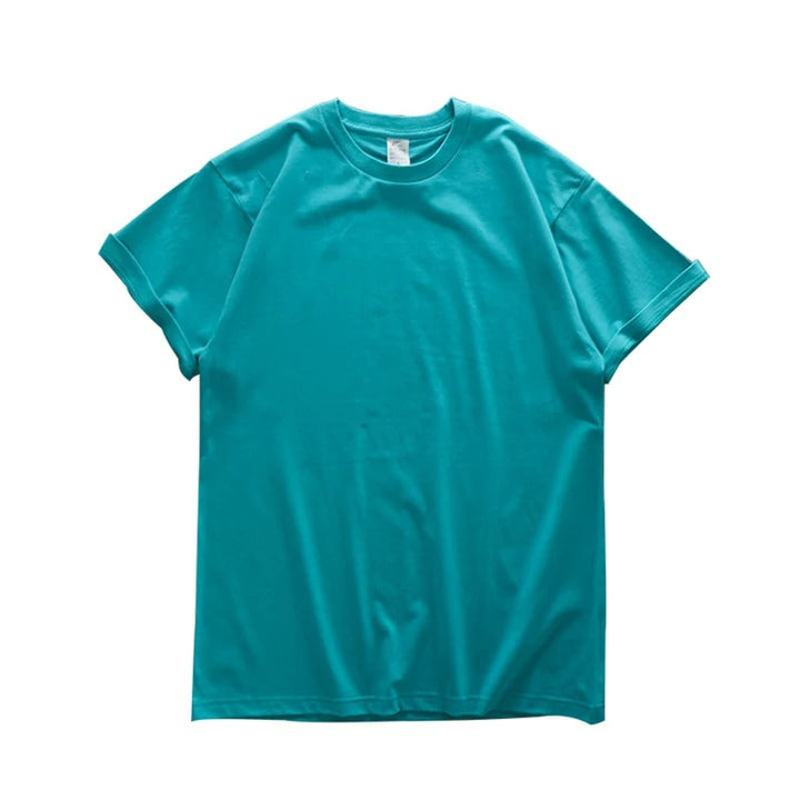 "Överdimensionerad t-shirt för män i bomull, enfärgad, avslappnad passform, kortärmad, rund hals, tungvikt tyg."