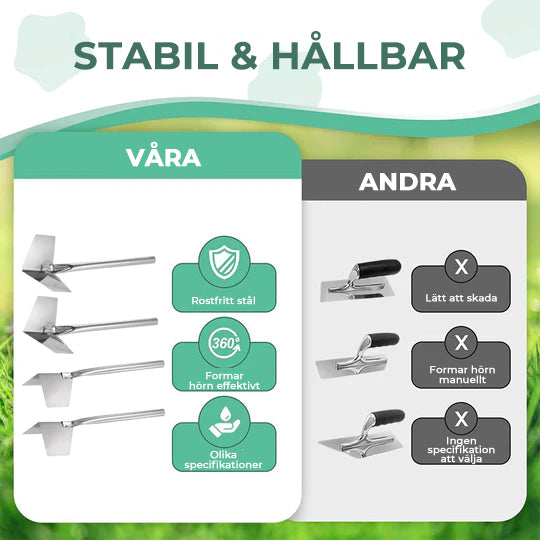 "Verktyg för byggnadsvinklar i rostfritt stål, visuellt sett robust och exakt, perfekt för gipsskivor och hållbar användning.