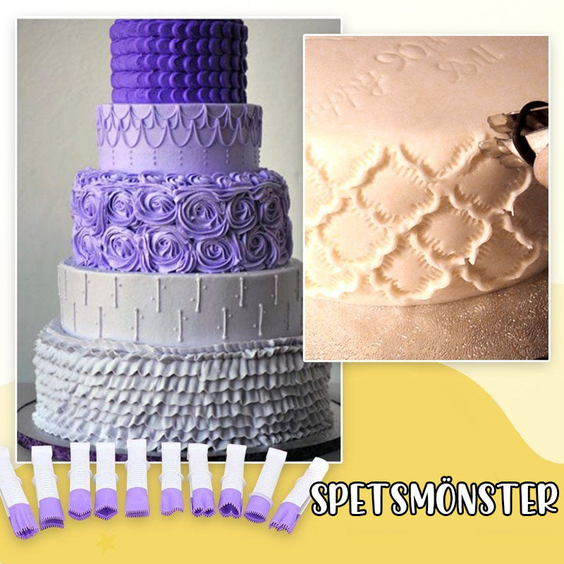 "Verktygssats för fondantdekorering med justerbara krusformar, perfekt för tårtdekoration och kreativ bakning."
