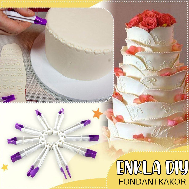 "Verktygssats för fondantdekorering med justerbara krusformar, perfekt för tårtdekoration och kreativ bakning."