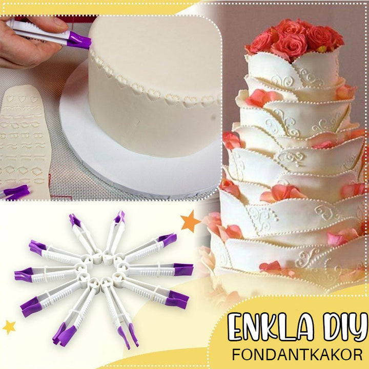 "Verktygssats för fondantdekorering med justerbara krusformar, perfekt för tårtdekoration och kreativ bakning."