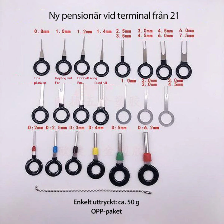 "Verktygssats för terminalborttagning i stål och plast, ideal för fordon, visas med komponenter uppställda."