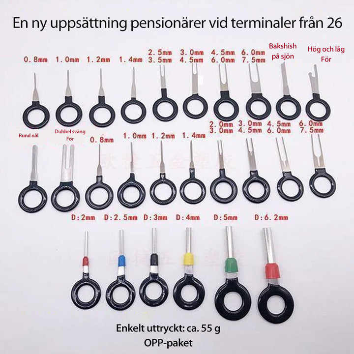 "Verktygssats för terminalborttagning i stål och plast, ideal för fordon, visas med komponenter uppställda."
