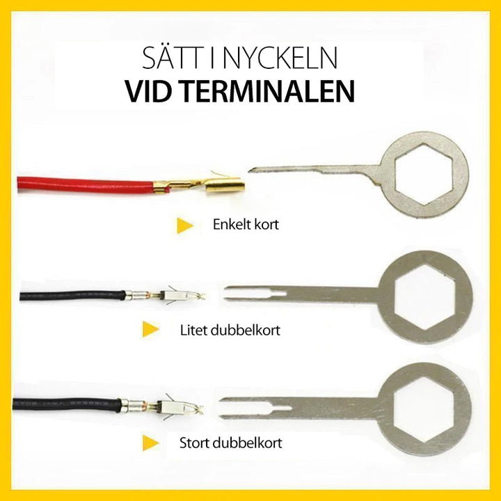 "Verktygssats för terminalborttagning i stål och plast, ideal för fordon, visas med komponenter uppställda."