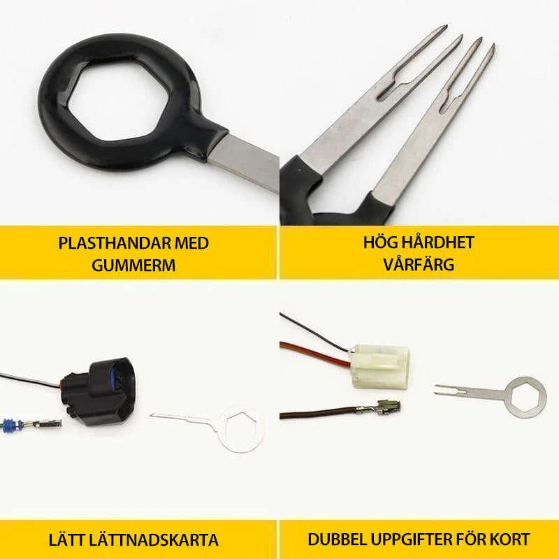 "Verktygssats för terminalborttagning i stål och plast, ideal för fordon, visas med komponenter uppställda."