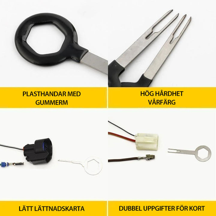 "Verktygssats för terminalborttagning i stål och plast, ideal för fordon, visas med komponenter uppställda."