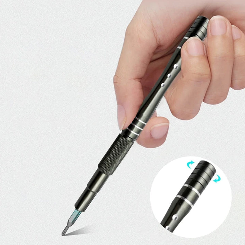 "Verktygssats i aluminiumlegering med magnet, grå finish, kompakt förvaringslåda, perfekt för precisionsreparationer."