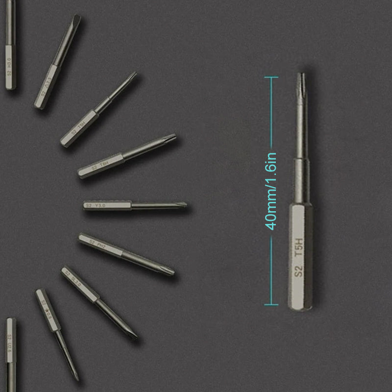 "Verktygssats i aluminiumlegering med magnet, grå finish, kompakt förvaringslåda, perfekt för precisionsreparationer."
