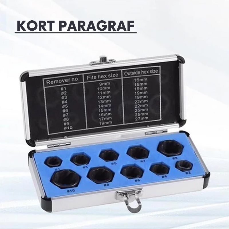 Verktygssats i svart krom-vanadinlegerat stål för borttagning av skadade och rostiga bultar och muttrar i alla storlekar.
