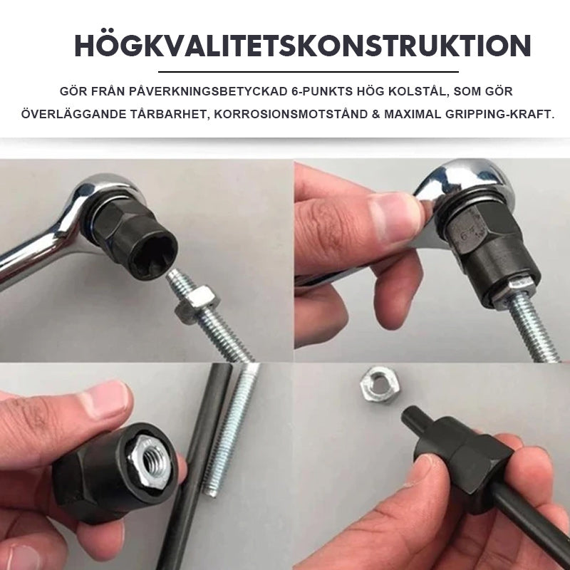Verktygssats i svart krom-vanadinlegerat stål för borttagning av skadade och rostiga bultar och muttrar i alla storlekar.