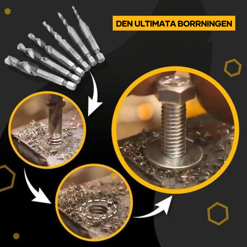 "Verktygssats med gängtappborrar, titanbelagd, för precisionsarbete i hårda material som koppar och aluminium."