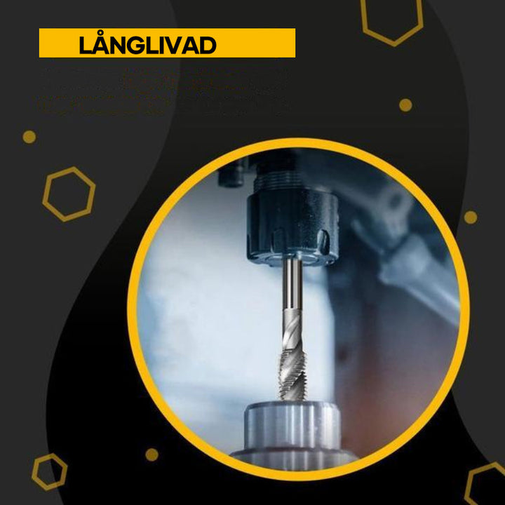 "Verktygssats med gängtappborrar, titanbelagd, för precisionsarbete i hårda material som koppar och aluminium."