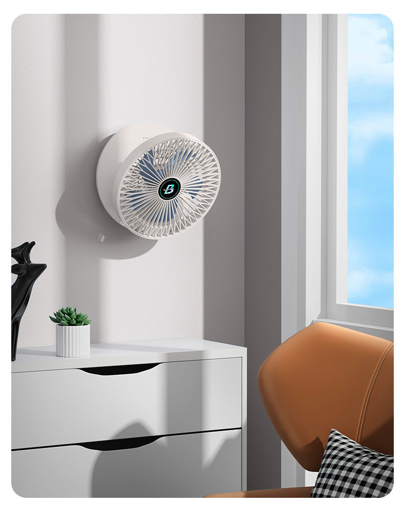 Vikbar batteridriven luftcirkulationsfläkt, vit och blå, justerbar 90°, med tyst kopparmotor och 5 blad, bärbar design.