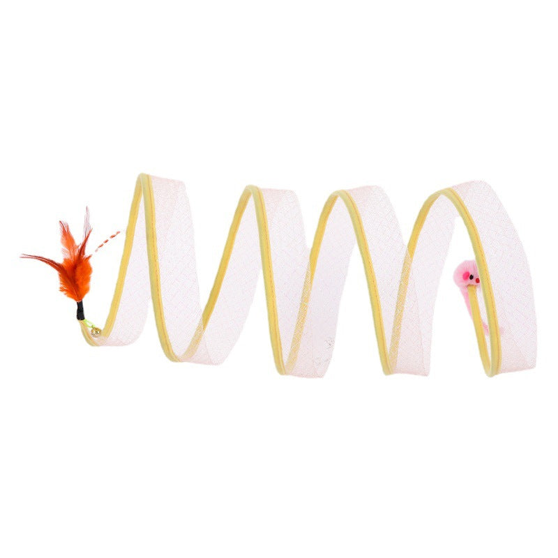 "Vikbar kattunnel med mus- och sisalfjäder, stretchigt nätmaterial, hållbar och färgglad, perfekt för kattlek och utforskning