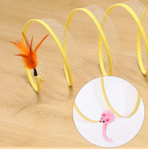 "Vikbar kattunnel med mus- och sisalfjäder, stretchigt nätmaterial, hållbar och färgglad, perfekt för kattlek och utforskning