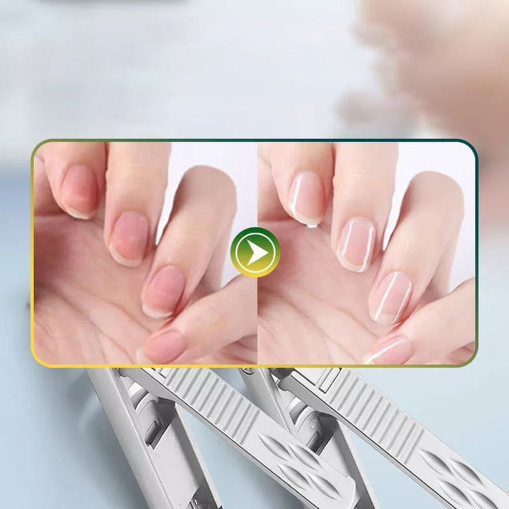 "Vikbar nagelklippare i rostfritt stål med silver och svart finish, ergonomiskt halkfritt grepp och dubbelhövdad design."