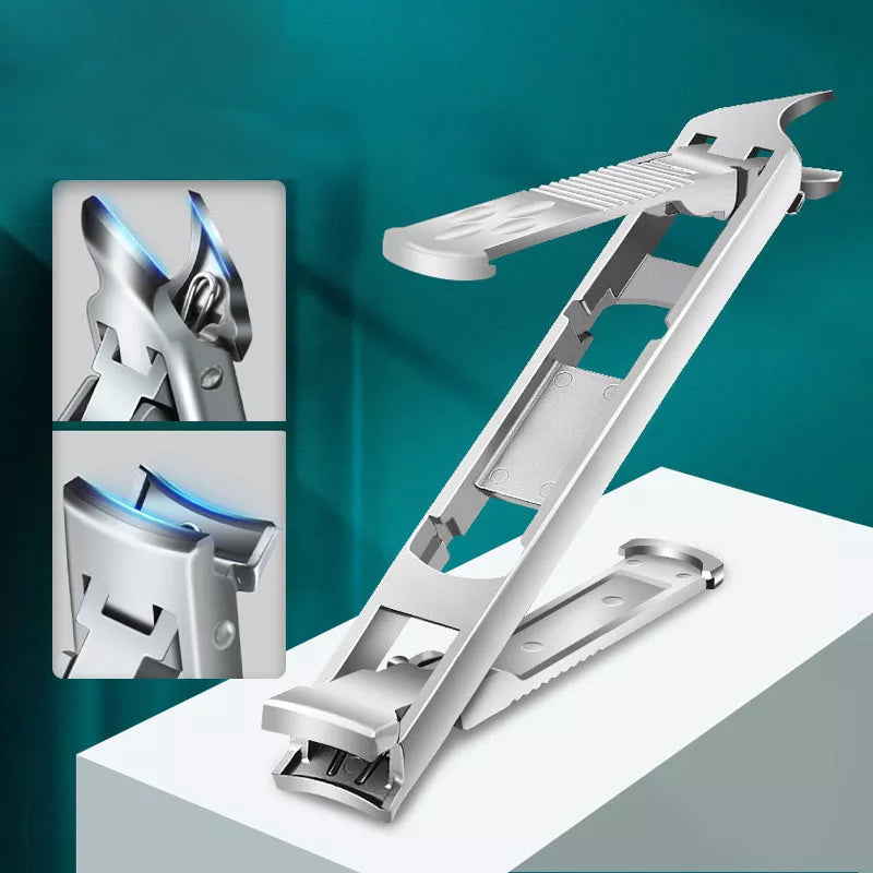 "Vikbar nagelklippare i rostfritt stål med silver och svart finish, ergonomiskt halkfritt grepp och dubbelhövdad design."