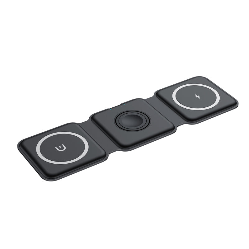 "Vikbar trådlös 3-i-1 laddstation i vit och svart, laddar mobil, AirPods, Apple Watch, sparar plats, stilren design."