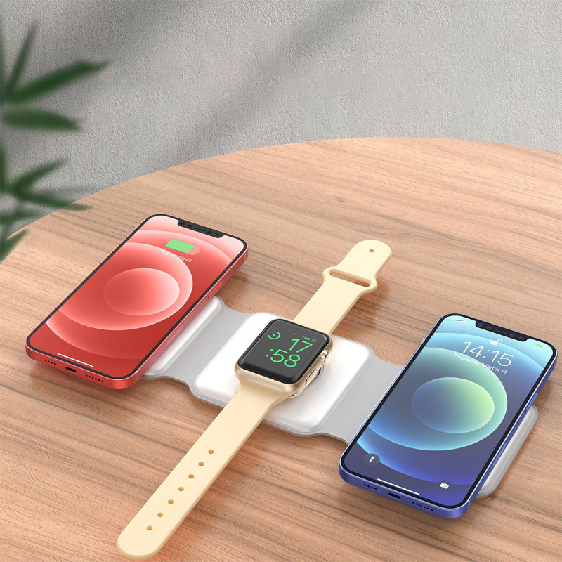 "Vikbar trådlös 3-i-1 laddstation i vit och svart, laddar mobil, AirPods, Apple Watch, sparar plats, stilren design."