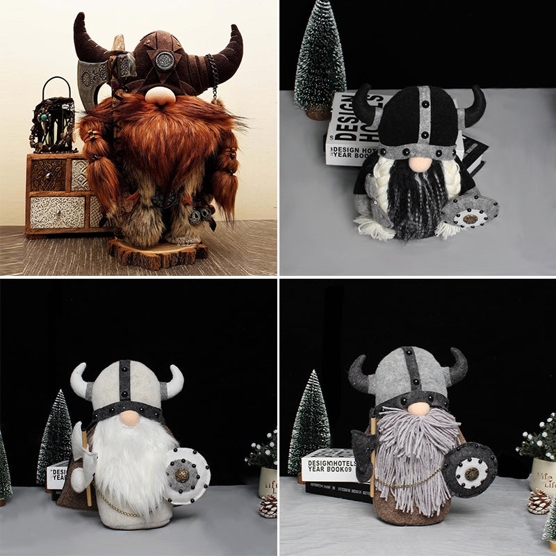 "Vikinga gnome krigare med ingefärsskägg och hornhjälm som dekoration i trädgård. Unique viking-style figurine."