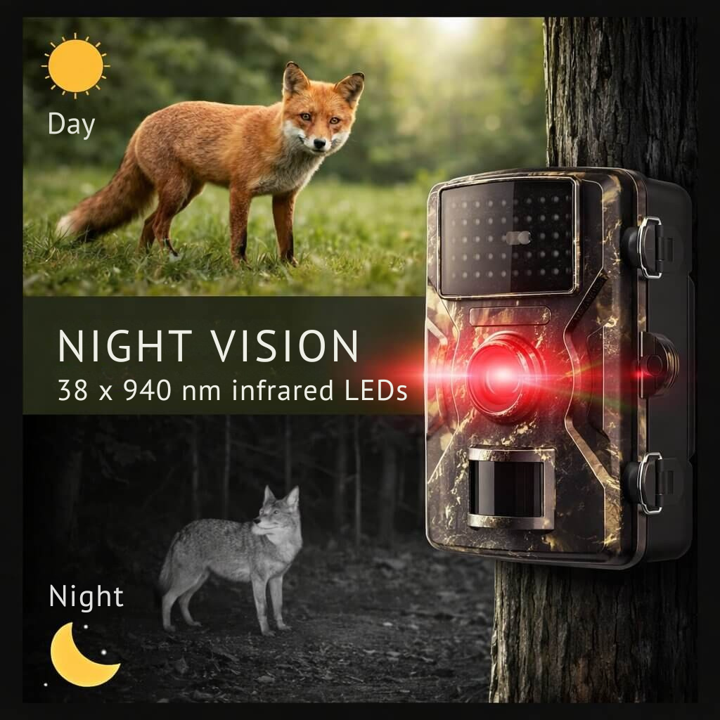 Viltkamera med känslig rörelsesensor som aktiverar video/foto av djur dag och natt.