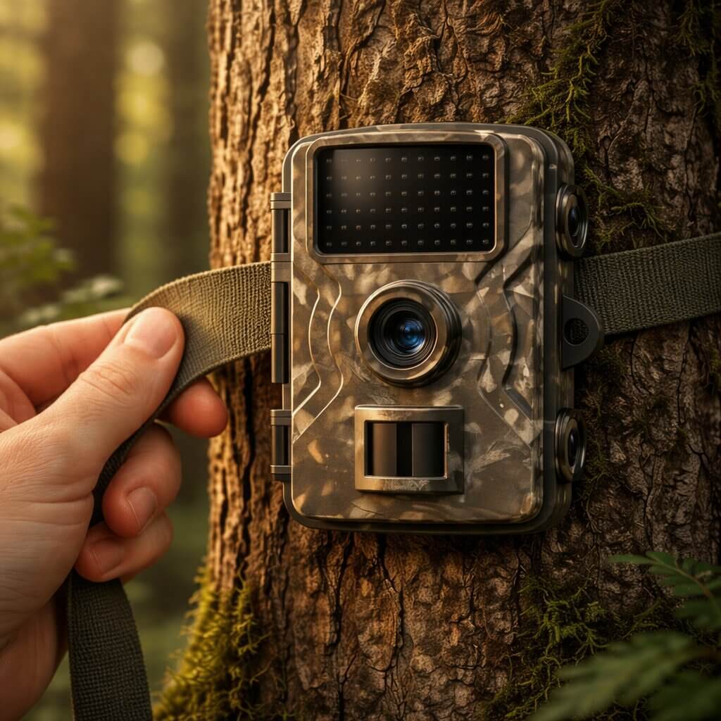 Kamouflerad viltkamera i skogen, övervakar djur med nattseende och rörelsedetektering.