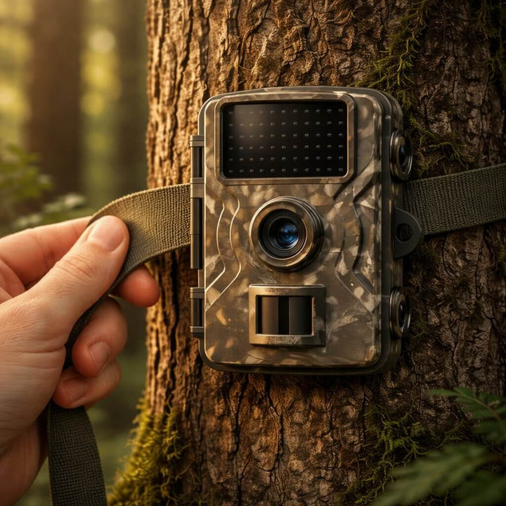 Kamouflerad viltkamera i skogen, övervakar djur med nattseende och rörelsedetektering.