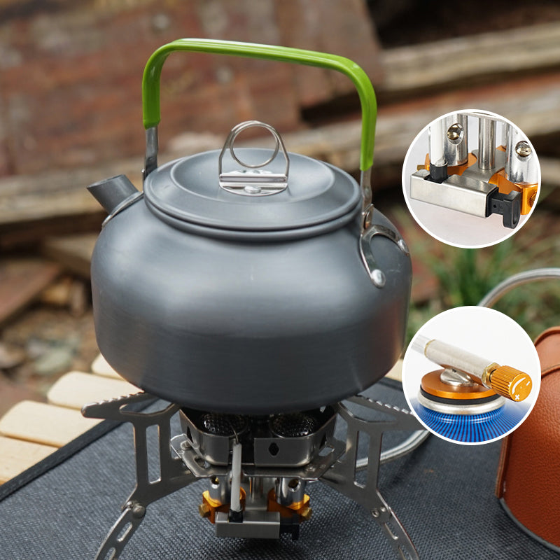 "Vindsäker camping gasbrännare, kompakt design, rostfritt stål, enkel tändning, stabil och perfekt för utomhusbruk."