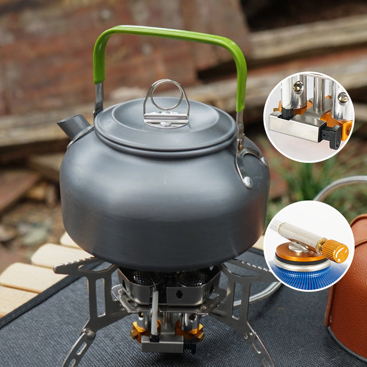 "Vindsäker camping gasbrännare, kompakt design, rostfritt stål, enkel tändning, stabil och perfekt för utomhusbruk."