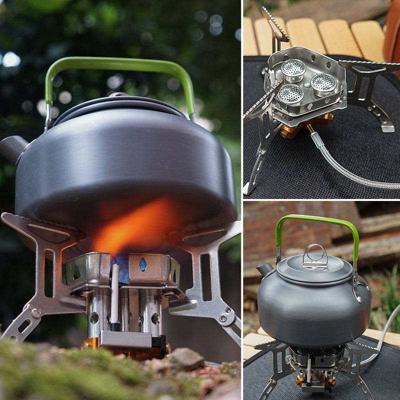"Vindsäker camping gasbrännare, kompakt design, rostfritt stål, enkel tändning, stabil och perfekt för utomhusbruk."
