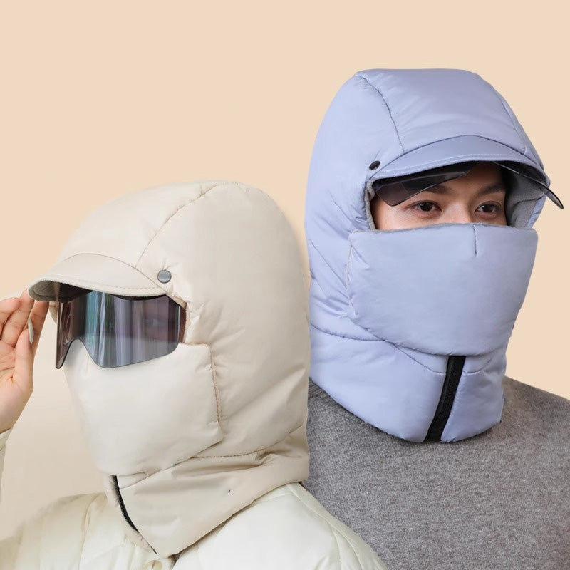 "Vindtät unisex utomhusmask med avtagbara glasögon, svart, täcker ansikte, idealisk för kalla och blåsiga dagar."