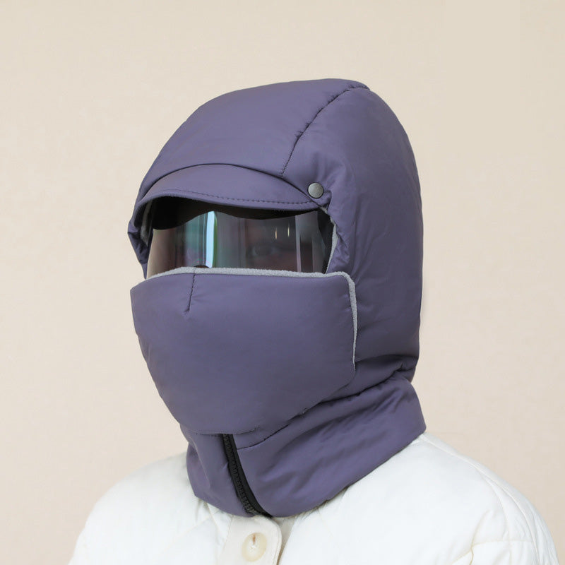 "Vindtät unisex utomhusmask med avtagbara glasögon, svart, täcker ansikte, idealisk för kalla och blåsiga dagar."