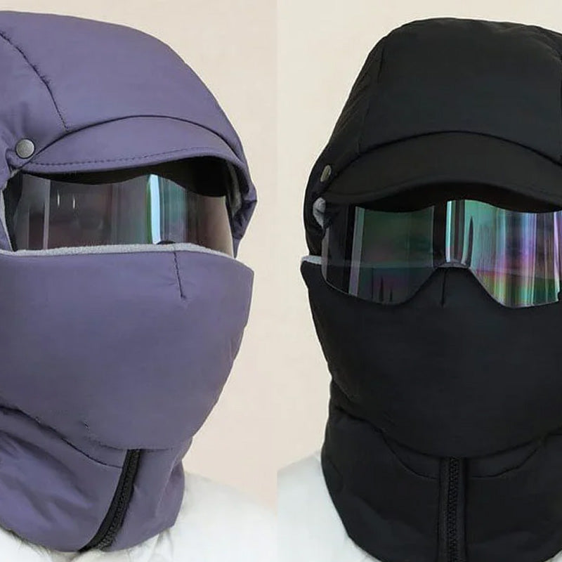 "Vindtät unisex utomhusmask med avtagbara glasögon, svart, täcker ansikte, idealisk för kalla och blåsiga dagar."