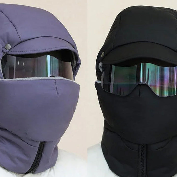 "Vindtät unisex utomhusmask med avtagbara glasögon, svart, täcker ansikte, idealisk för kalla och blåsiga dagar."